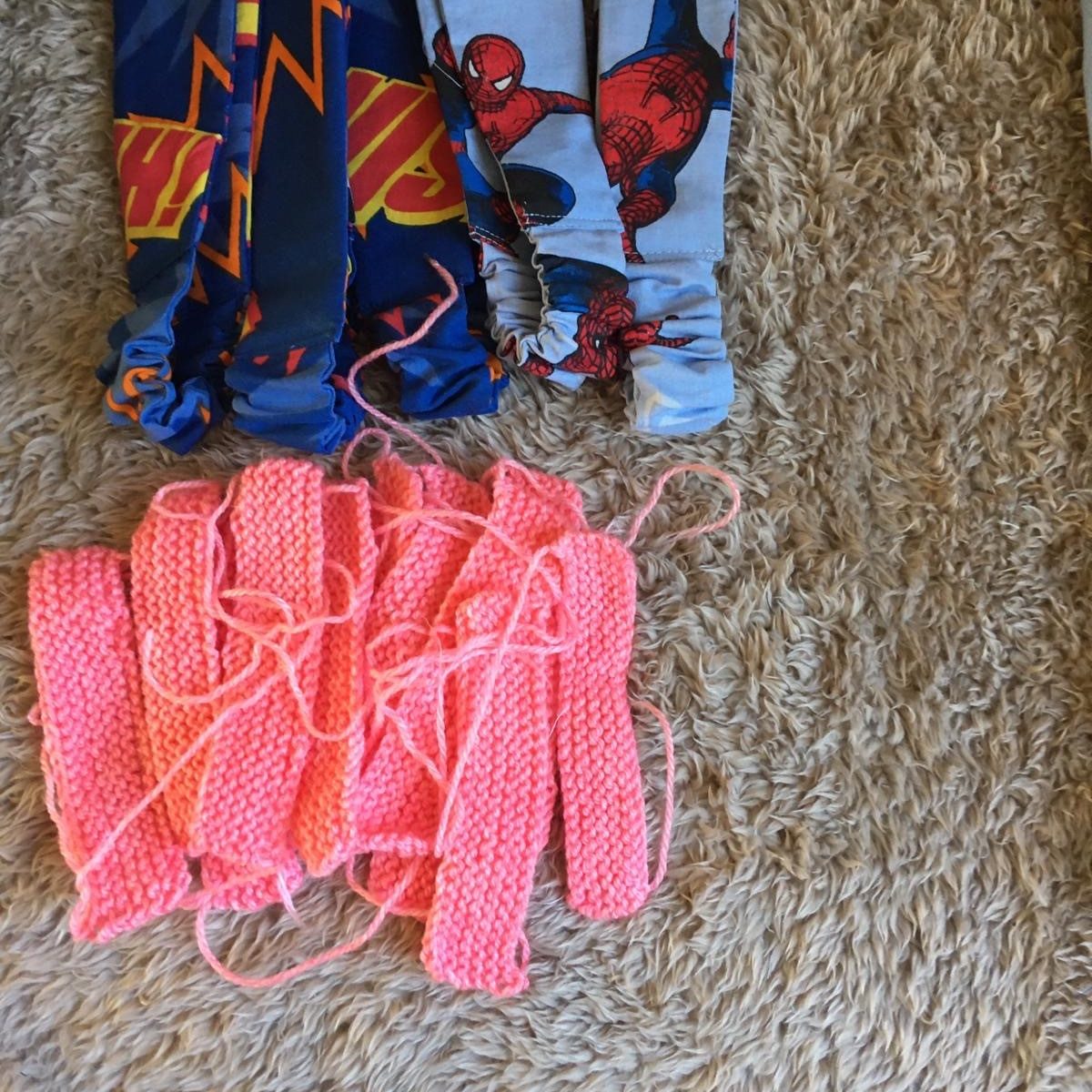 Headbands in superhero material and knitted 'ear savers' for masks